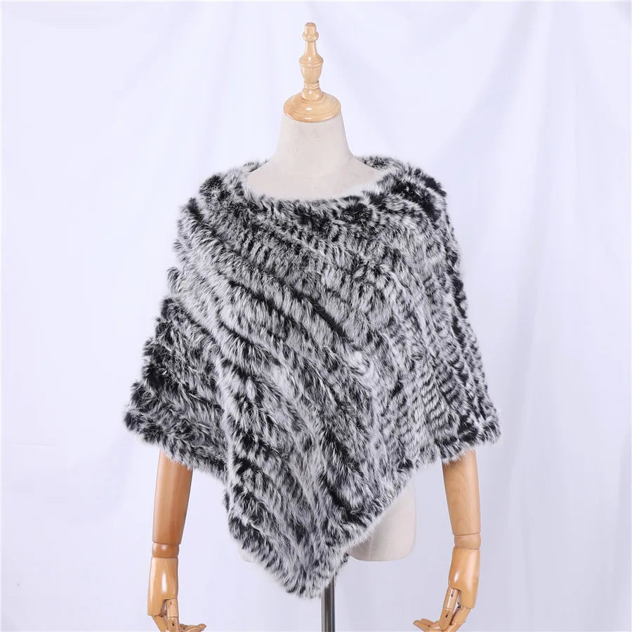 Rabbit Fur Knitted Natural Fur Poncho Fashion Wrap Coat Shawl Lady Scarf Natural Fur Wedding Party Wholesale Cape Black Frost