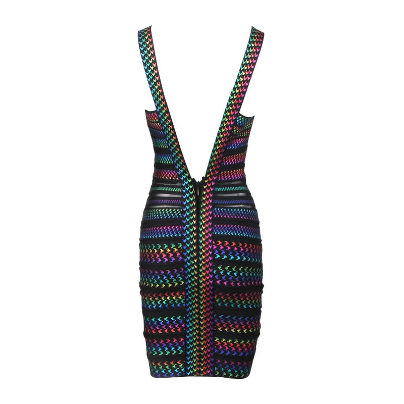 Vestido de festa à noite com estampa de rayon e listras coloridas de celebridades