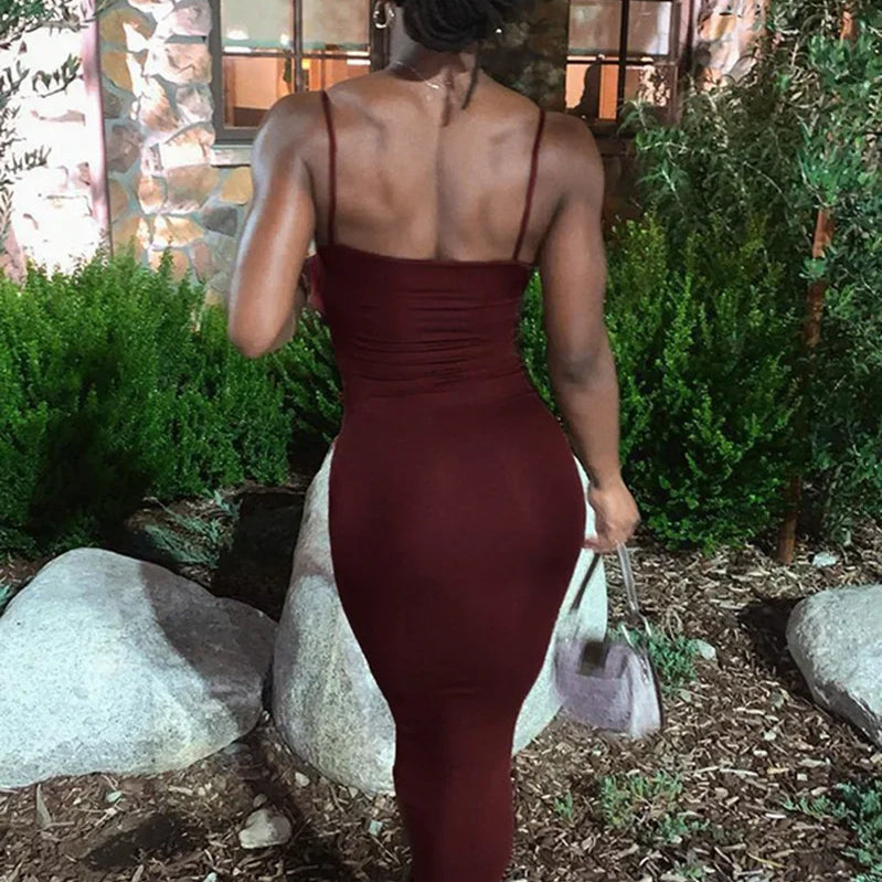 Women Casual Summer Spaghetti Strap Bodycon Dress Fashion Solid Color Sleeveless Backless Slim Fit Sling Long Dress