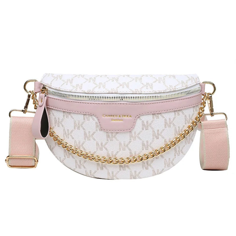 Women Chain Waist Bag PU Leather Fanny Pack Waist Belt Bag for Women Luxury Shoulder Crossbody Chest Purses and Handbag White and pink C