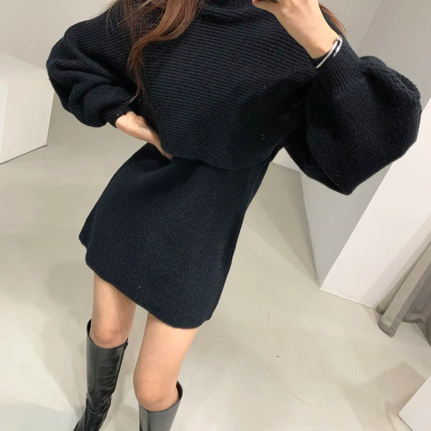 FIGOHR Thick Plain Knitted Dress Sets Women's Elegant Sweaters Lantern Sleeve Shawl and Dress 2 Pieces Outfits Autumn Winter