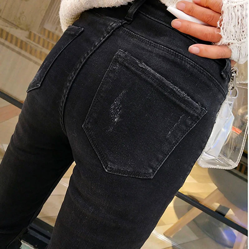Spring Autumn Hole Sequined Jeans Women Streetwear High Elastic Stretch Skinny Pencil Pants Female Denim Trousers