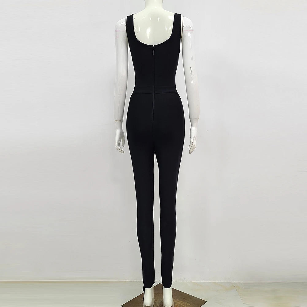 Macacão preto e branco sem mangas com faixa de rayon e coquetel para festa bodycon