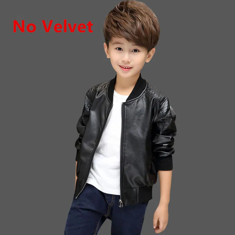 Boys Coats Autumn Winter Fashion Children's Plus Velvet / No Velvet Two styles Warming Cotton PU Leather Jacket For 1-11Y Kids No Velvet Black