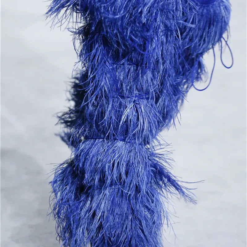 Feather Women's High Boots Suede Cross-tied Pointed Toe Party High Heel Shoes Sexy Ostrich Feather Women's Over The Knee Boots