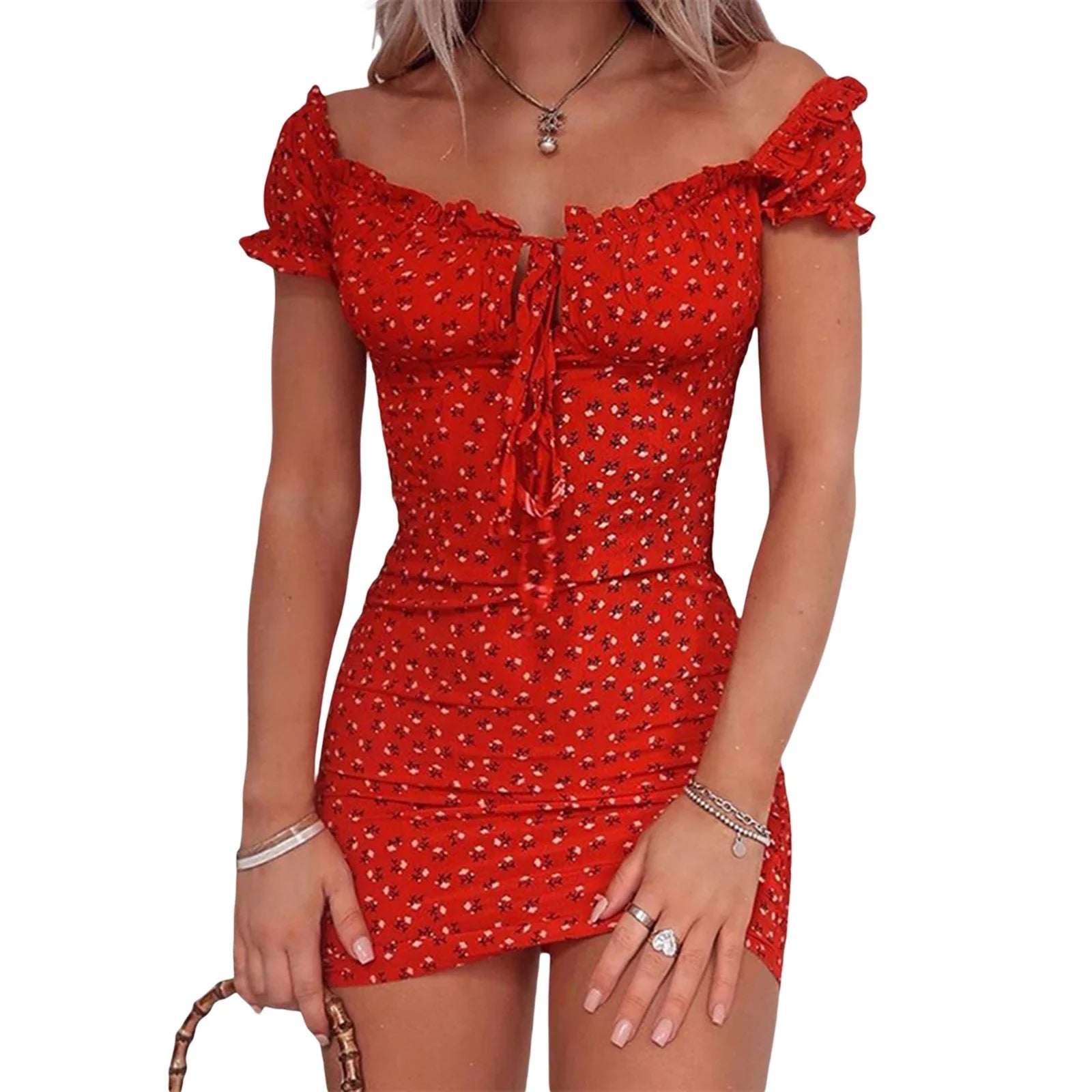 Hirigin Floral Wrap Women Dress Ladies Off Shoulder Tie Up Front OL Slash Neck Printed Ruffle Pencil Dresses Fashion Vestido Red