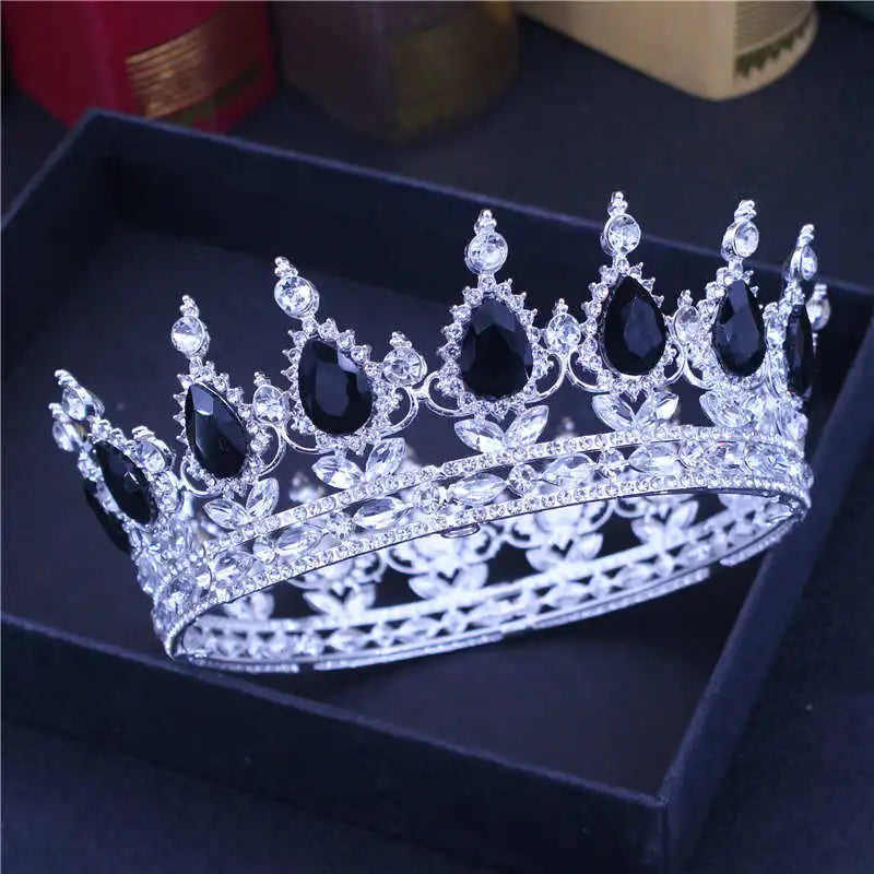 Crystal Queen King Tiaras and Crowns Bridal Diadem For Bride Women Headpiece Hair Ornaments Wedding Head Jewelry Accessories Silver Plated Black