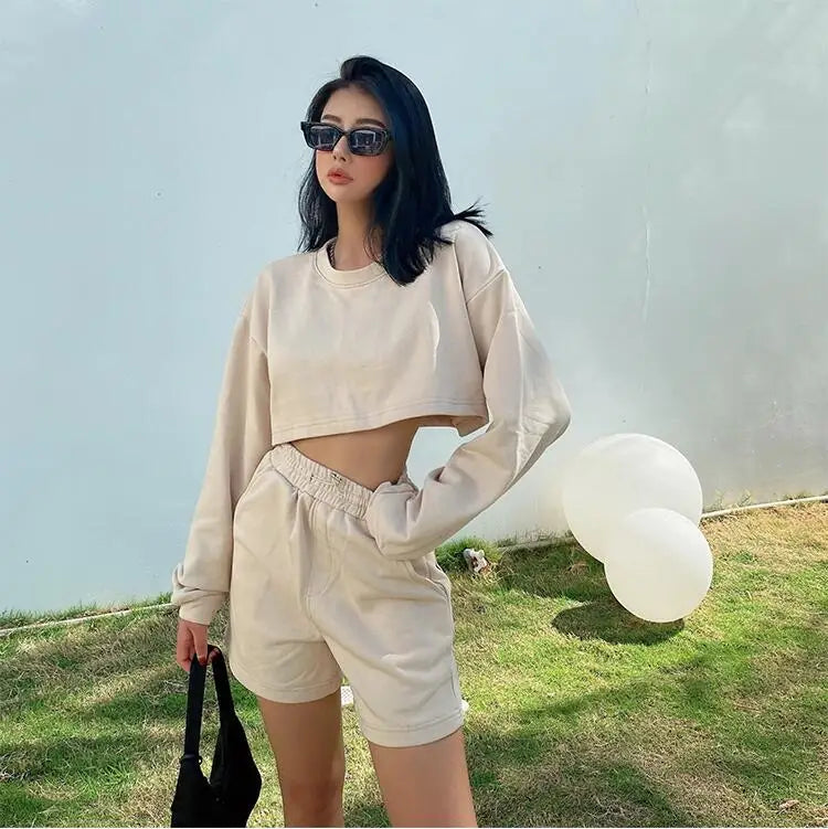 Womens Casual Tracksuits 2 Piece Set Spring Crop Sweatshirt + Sporting Shorts Sweat Set Ladies Two Piece Outfit Solid Color Suit beige 2 piece set