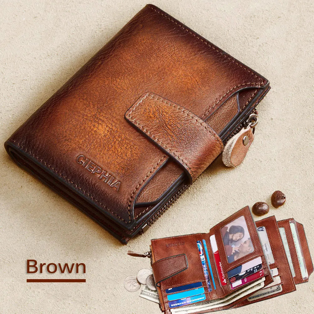 Men's Leather Wallet Vintage Short Multi Function Business Card Holder RFID Blocking Zipper Coin Pocket Money Clip Brown