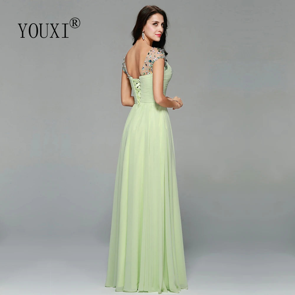 Elegant Cap Sleeves Light Green Prom Dresses Chiffon Crystal vestido de festa Evening Formal Dress for Women