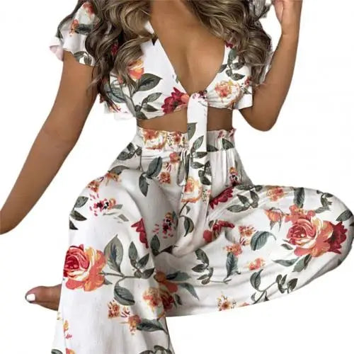 2pcs/Set Boho Outfits Women Pant Suits Vibrant Color Short Sleeve Short Crop Top Loose Long Pants two piece set Women Tracksuits White