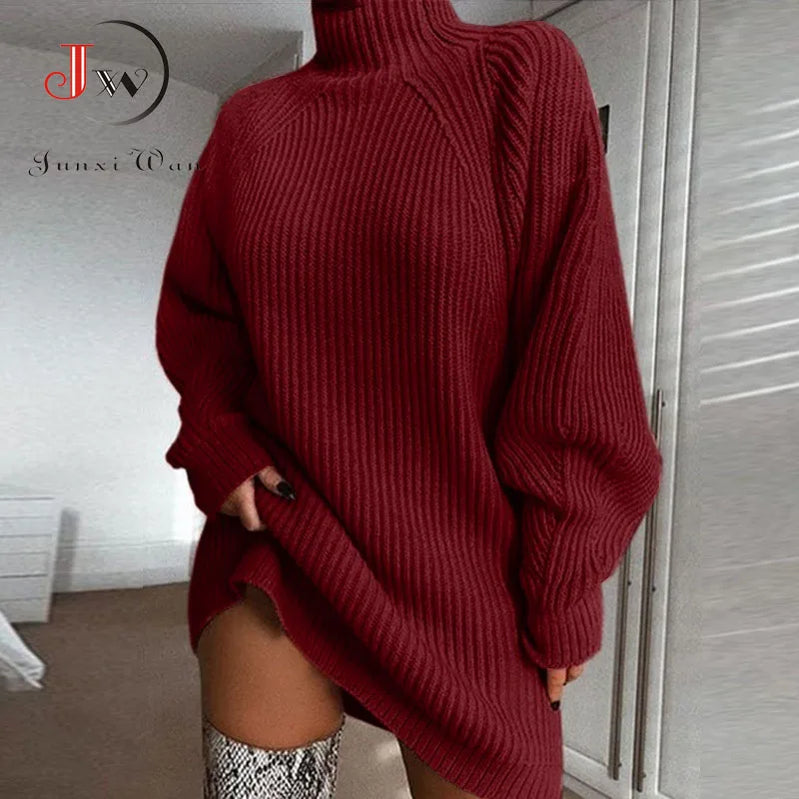 Women Turtleneck Oversized Knitted Dress Autumn Solid Long Sleeve Casual Elegant Mini Sweater Dress Winter Clothes Wine sweater dress