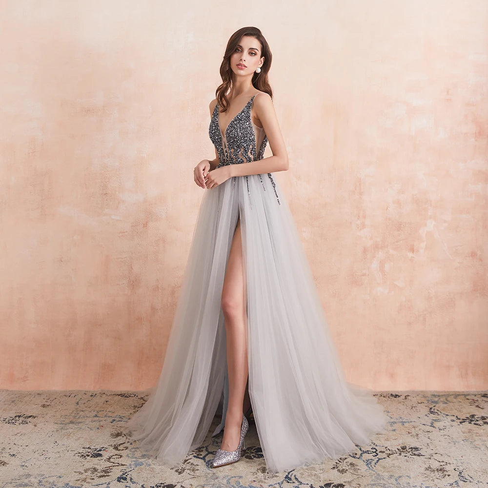 Sexy V-Neck Long Prom Dresses Beaded Beading Crystal High Splits Backless A-Line Formal Gown Party Dress