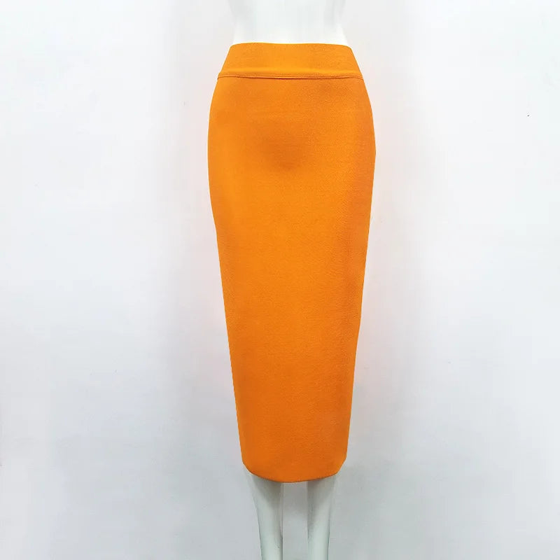 Women Candy Color Sexy Neon Green Brown Orange Yellow Knee Length Bandage Pencil Skirt 2020 Designer Skirt Faldas 78cm