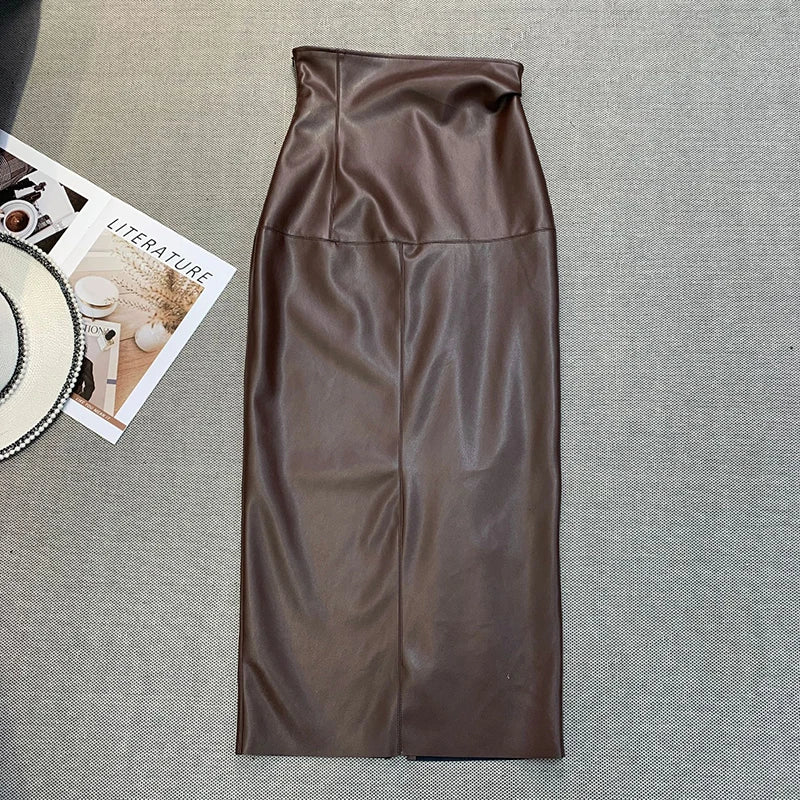 Vintage Faux PU Leather Hobble Skirts Women Sexy Bodycon Midi Skirts Hem Split Ladies Mermaid Skirt Party Clothes
