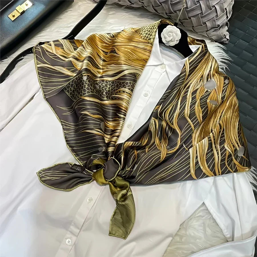 Coffee Gold 100% Mulberry Silk Women's Scarf Bandana Fashion Plaisley Style Square Scarves Hijabs Winter Brand Headscarf Foulard army green