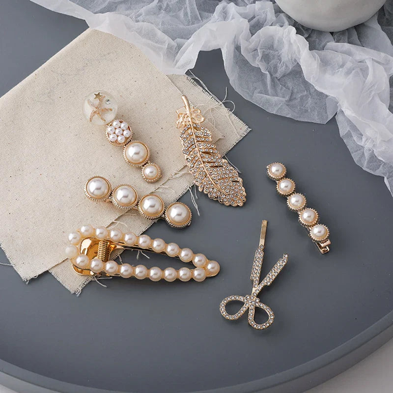 6pcs/set Feather Scissors Hair Clips for Women with Crystal Rhinestone Pearls Barrettes Fashion Jewelry Accessories Gifts YHA054