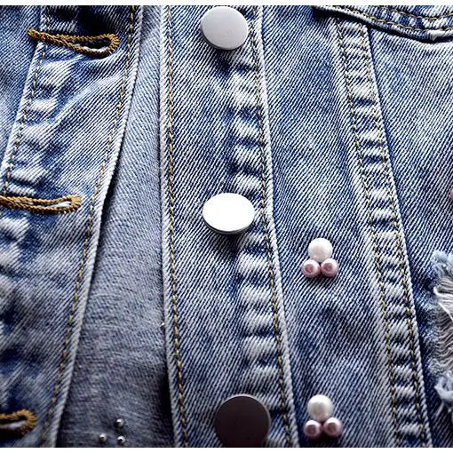 Student Vest Slim Short Jacket Embroidery Flowers Sleeveless Denim Vest Women's Beaded Waistcoat Hole Jeans Vest Coat Girl