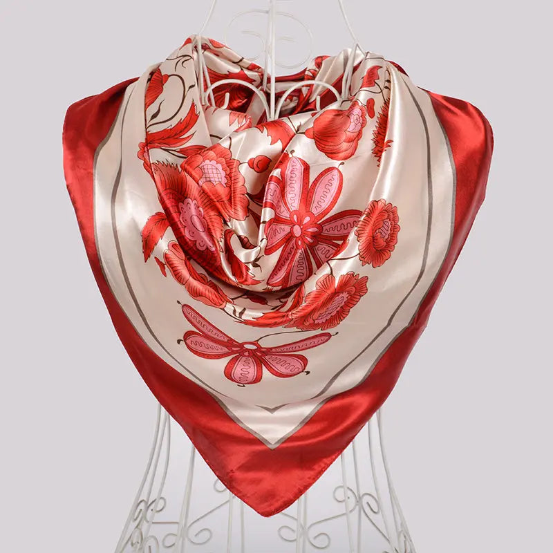 Ladies Green Coffee Square Scarves Printed Women Elegant Satin Large Silk Scarf Shawl 90*90cm Winter Neck Head Scarf red beige