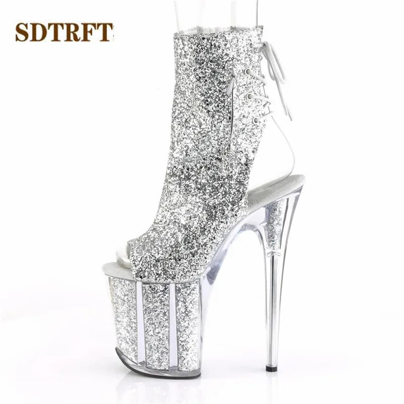 Stilettos 20cm Thin Heels Ankle boots transparent Platforms shoes Woman Rhinestone Tassels Botas Mujer Sequined pumps