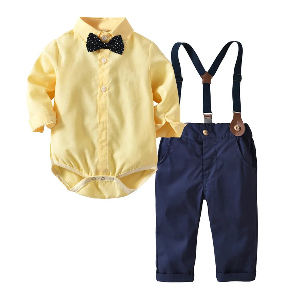 Top and Top Spring&Autumn Baby Boy Gentleman Suit White Shirt with Bow Tie+Striped Vest+Trousers 3Pcs Formal Kids Clothes Set Yellow