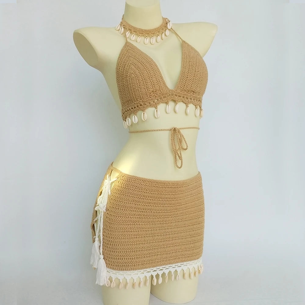 3pcs Bikini Set Woman Crochet Shell Tassel Bikini Top And Seashell Ankle Chain Sexy Beach Skirt Lace See Through Slim Mini Skirt Khaki