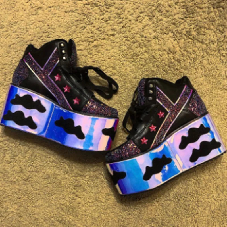 Colorful clouds Platform Shoes For Woman Punk Style Lace-up High Heel Wedges Shoes Sweet Women Ankle Boots For Mujer Shoes 2025