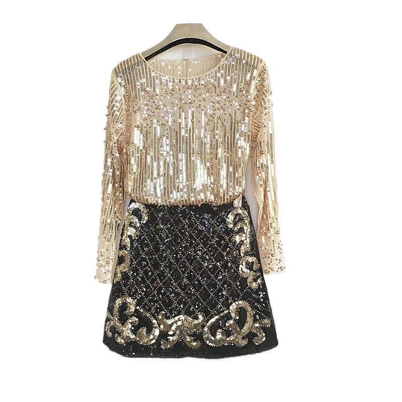 Birthday Party Korean New Women's Fashion Heavy Craft Nail Bead Long Sleeve Sequin Shirt With Buttocks And Skirt 2pcs Set Gold