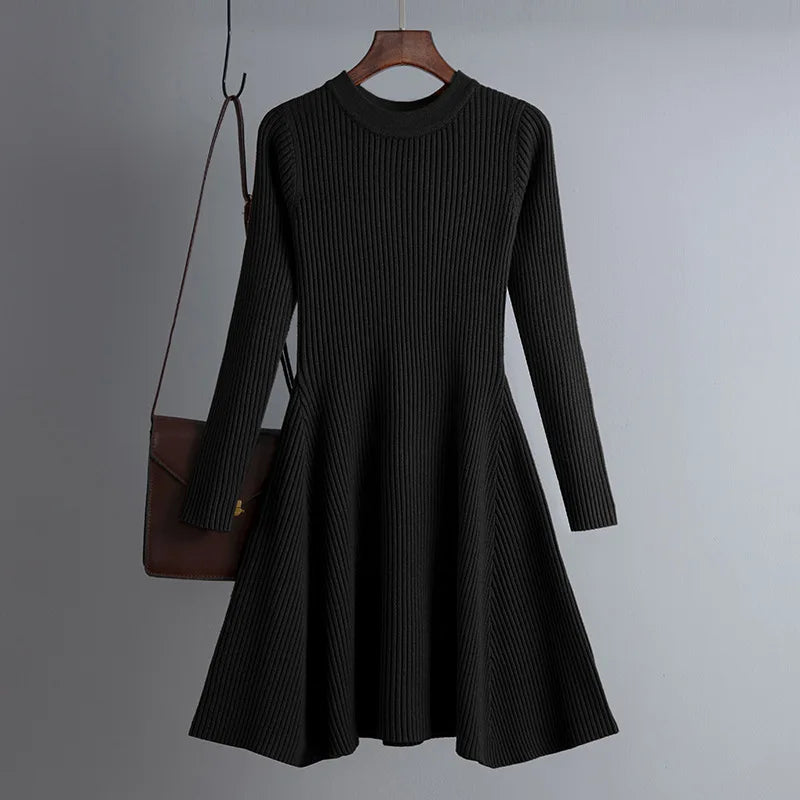 HLBCBG basic autumn winter short aline thick sweater dress elegant knit dress women slim mini dress Female chic knit sexy dress black One Size