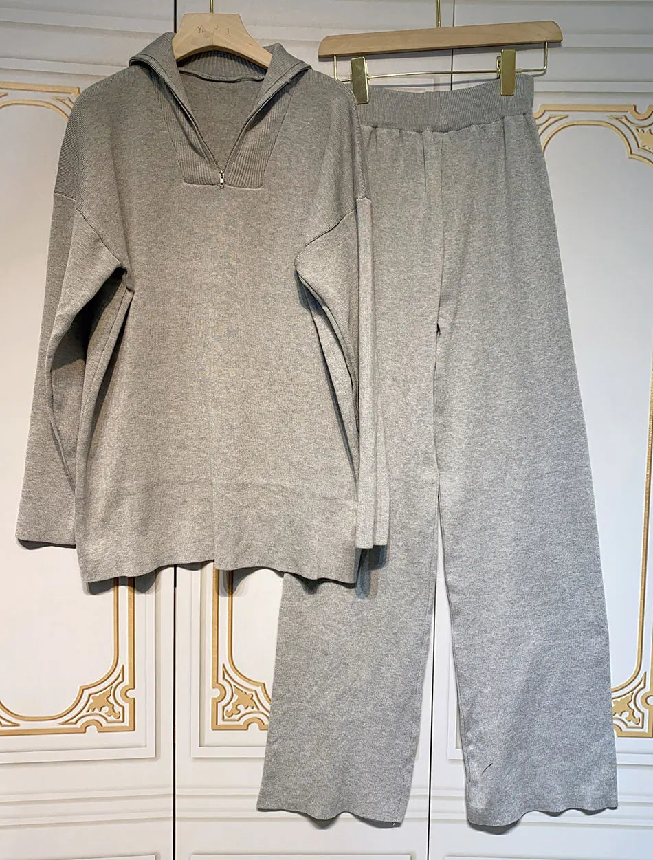 2024 Casual Autumn Loose Knit Sweater Set Fashion Zip Lapel Long Sleeve Pullover Sweater & Straight Pants Two-piece Set