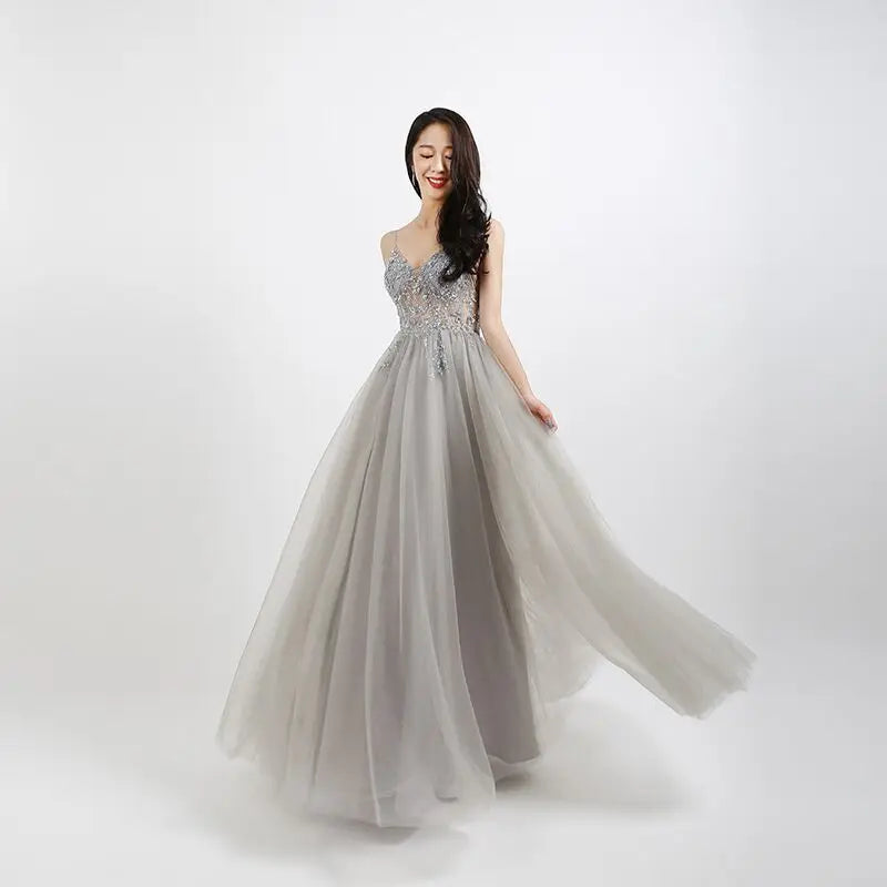 Beaded Crystal Prom Dresses Long Sexy See Through A-Line Split Tulle V Neck Spaghetti Strap Evening Formal Gown