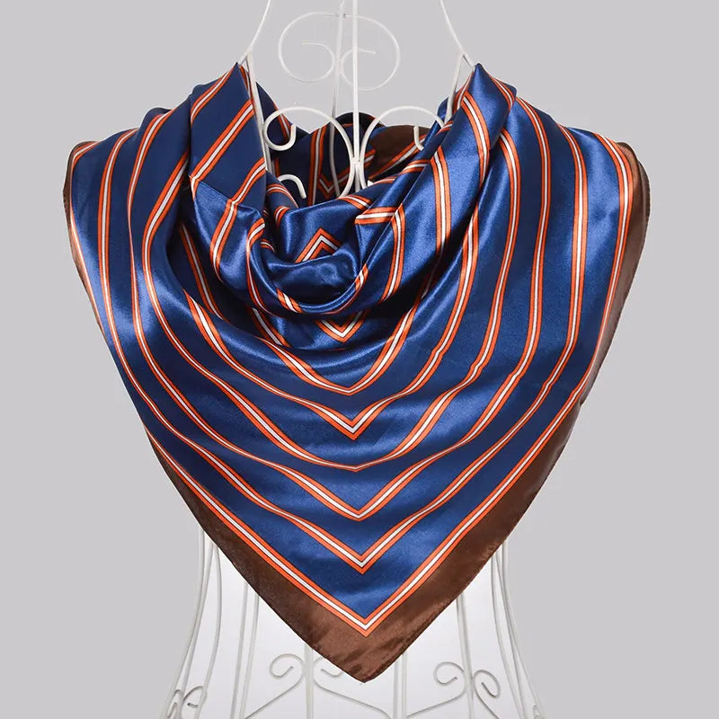 Ladies Green Coffee Square Scarves Printed Women Elegant Satin Large Silk Scarf Shawl 90*90cm Winter Neck Head Scarf blue coffee striped