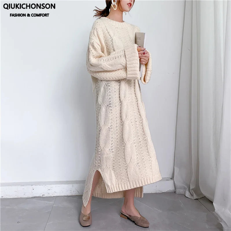 Mohair Oversize Thick Autumn Winter Sweater Dress Women 2020 Side Slit Vintage Twist Pattern Low High Design Knitted Long Dress Beige One Size