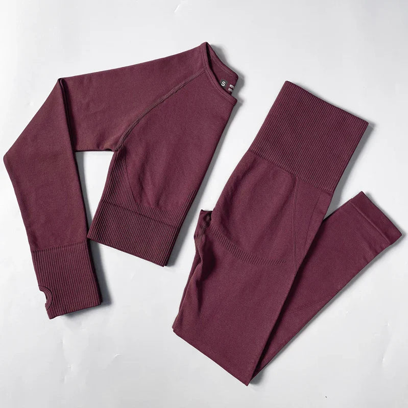 2/3/4PCS Seamless Women Yoga Set Workout Sportswear Gym Clothes Fitness Long Sleeve Crop Top High Waist Leggings Sports Suit ShirtsPantsPurpleRed