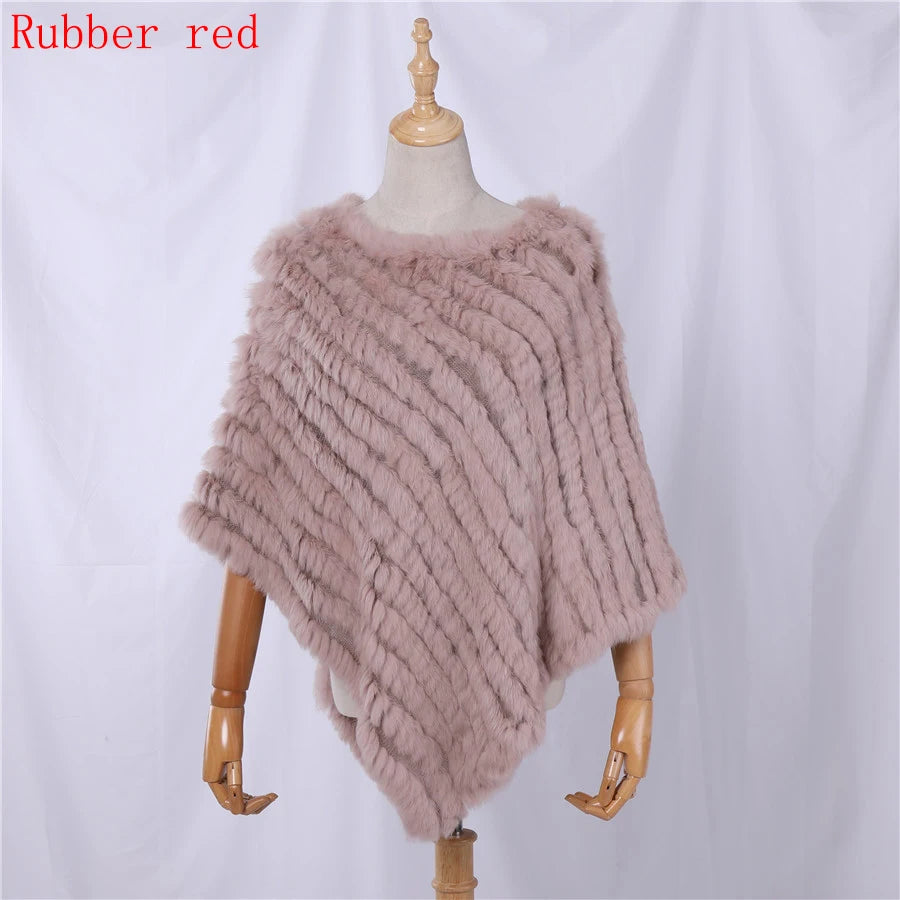 Rabbit Fur Knitted Natural Fur Poncho Fashion Wrap Coat Shawl Lady Scarf Natural Fur Wedding Party Wholesale Cape Rubber Red