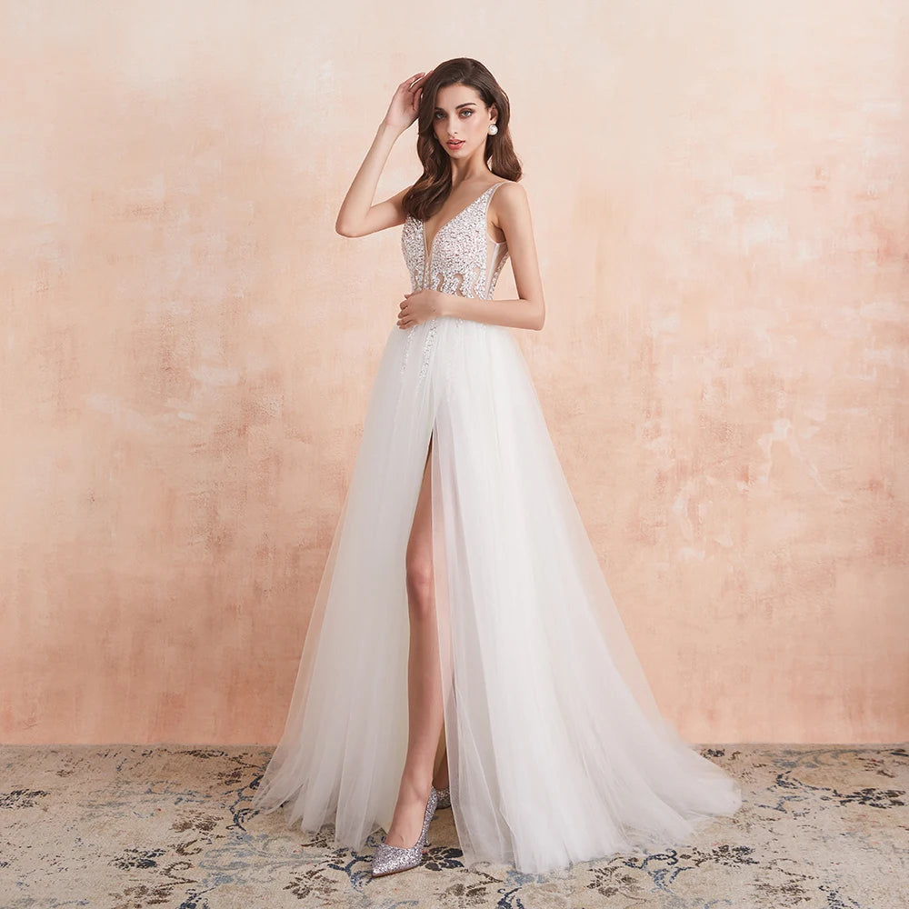 Sexy V-Neck Long Prom Dresses Beaded Beading Crystal High Splits Backless A-Line Formal Gown Party Dress Ivory