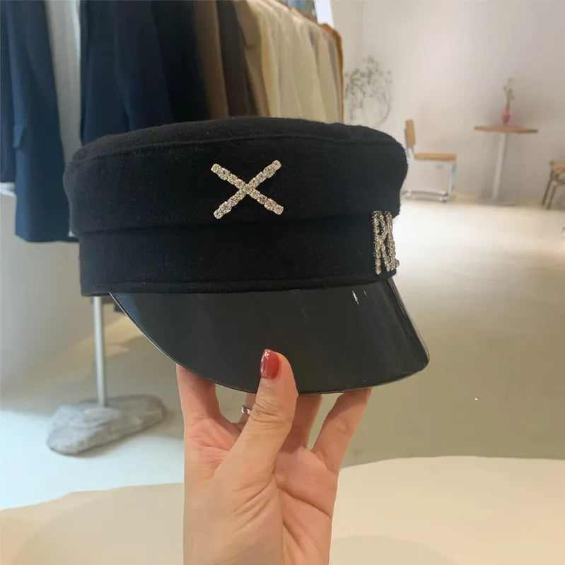 Women Hats Crystal baker boy hat Wool Newsboy Caps Female Flat Militray Caps Visor S-XL Patchwork-Black
