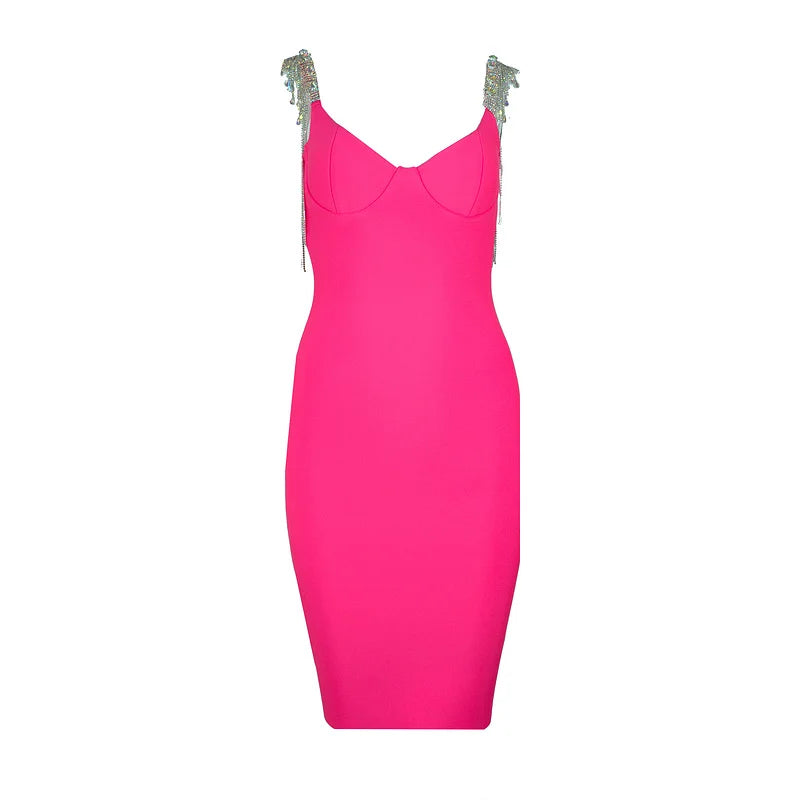 Vestido bandage de rayon preto e rosa com mangas de borla e elegante vestido de festa de coquetel