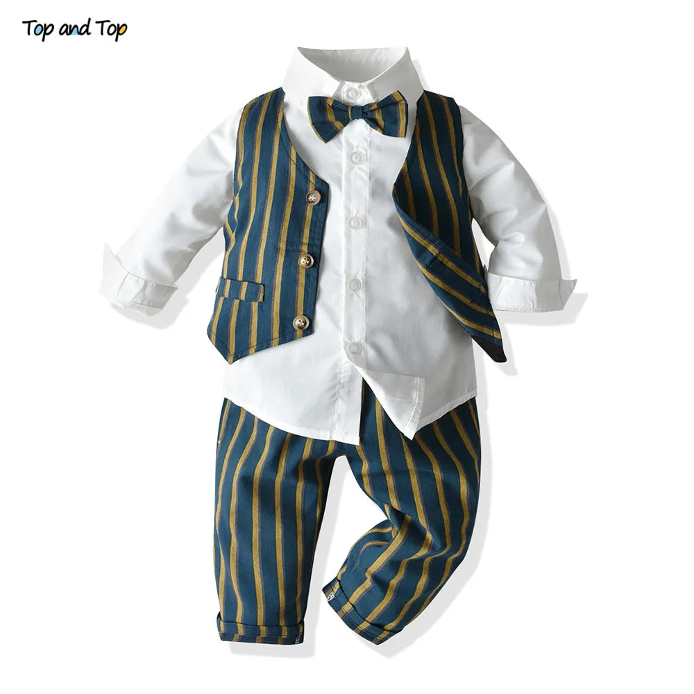 Top and Top Boys Gentleman Clothing Set Cotton Long Sleeve Bowtie Shirt+Waistcoat+Pants 3Pcs Suit Kids Boy Casual Clothes Set army green
