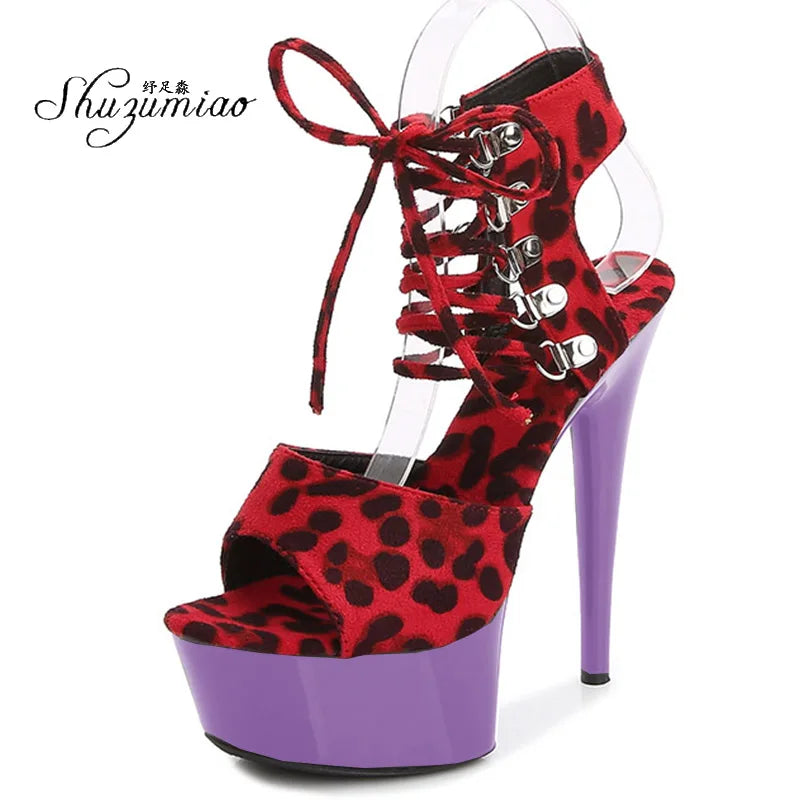 Fashion Shoes Women Stripper Shoes Platform Sandals Girls Leopard Clear High Heels Shoes Strap Sandal Femmes Sandales