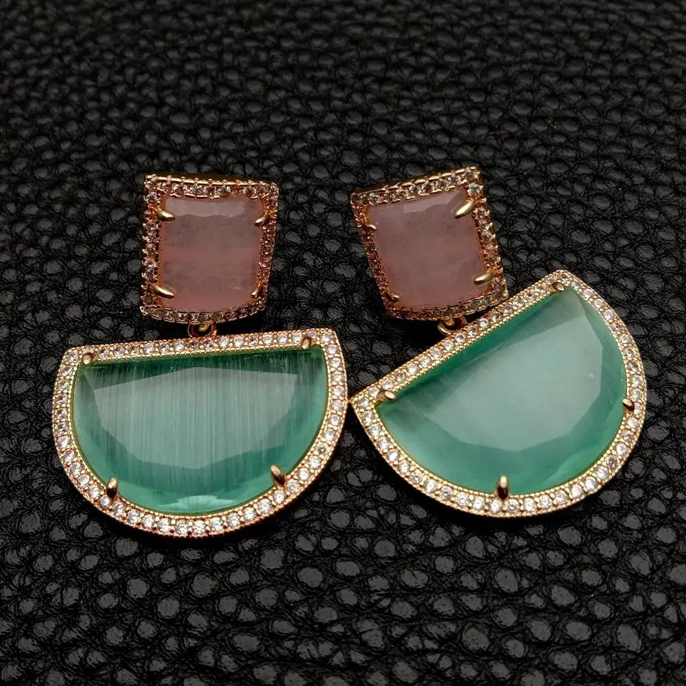 YYGEM Semicircle Green Dangle Pink Cat Eye Gold plated Stud Earrings Geometric Fashion Jewelry