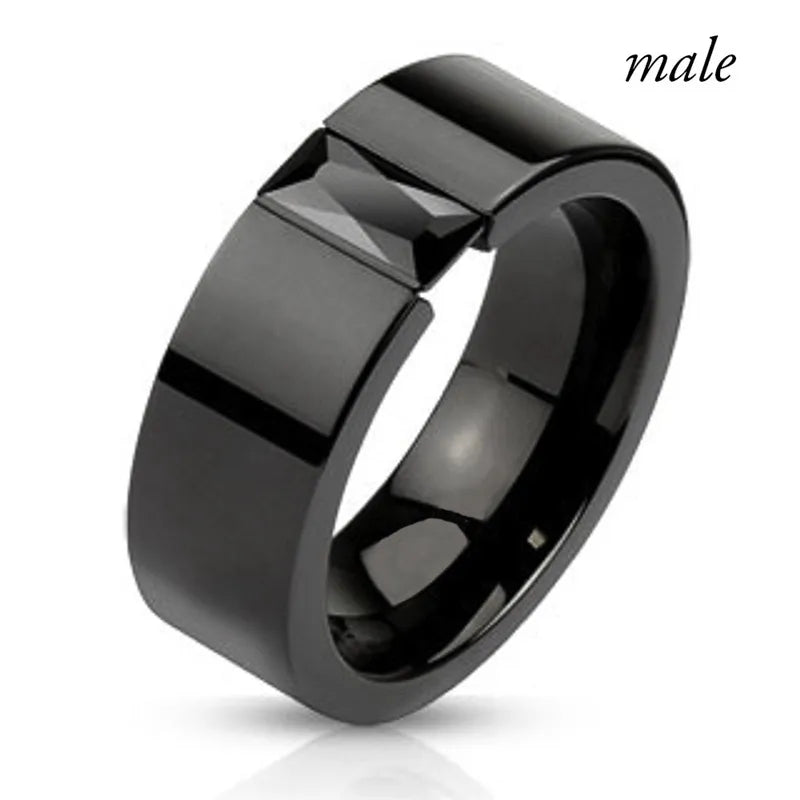 Fashion Couple Jewelry Lovers Rings Women's Black Zircon Engagement Ring Set Men's Stainless Steel Wedding Band Anniversary Gift
