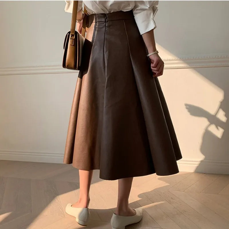 Neophil Chic Ladies Latex Flare Black Skirts Vintage Pu Faux Leather Ball Gown Long Skirt Thick Party A-Line Swing Faldas S21836