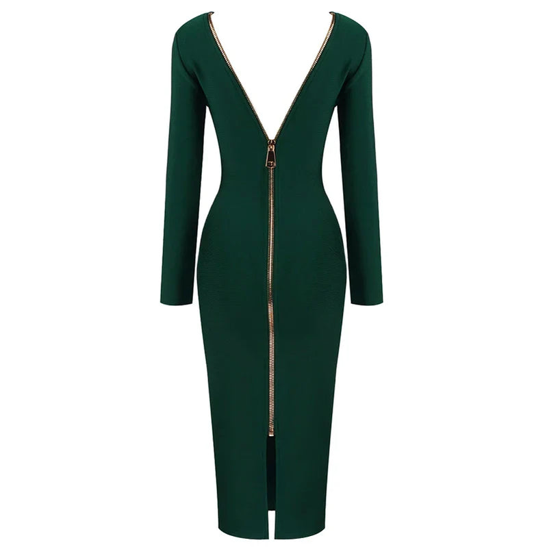 5 Colors Winter Style 2021 Sexy Long Sleeve Backless Zipper Midi Red Bodycon Bandage Dress Fashion Evening Party Dress Vestido