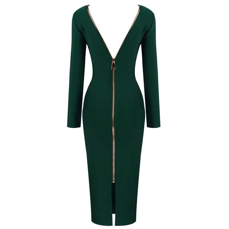 5 Colors Winter Style 2021 Sexy Long Sleeve Backless Zipper Midi Red Bodycon Bandage Dress Fashion Evening Party Dress Vestido