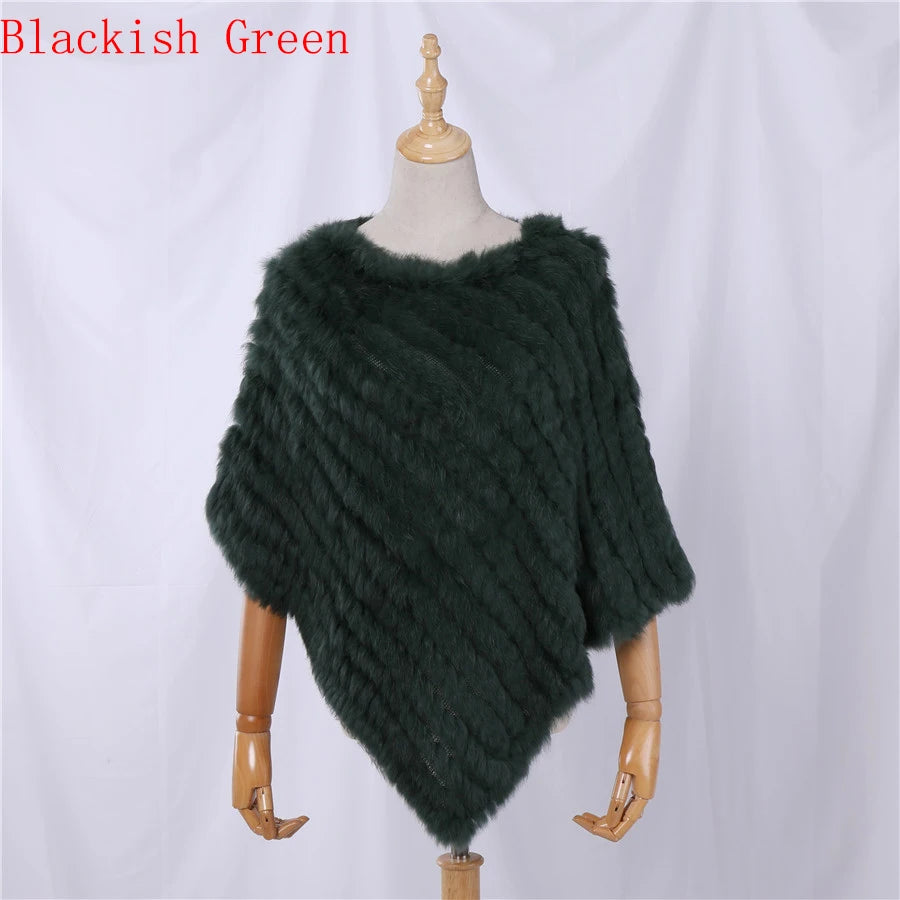Rabbit Fur Knitted Natural Fur Poncho Fashion Wrap Coat Shawl Lady Scarf Natural Fur Wedding Party Wholesale Cape Blackish Green
