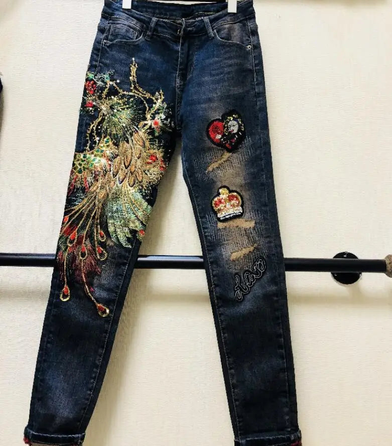 Women's Korean Fashion high waist phoenix embroidery Jeans Female Sexy Jeans Plus Size slim denim pants TB509