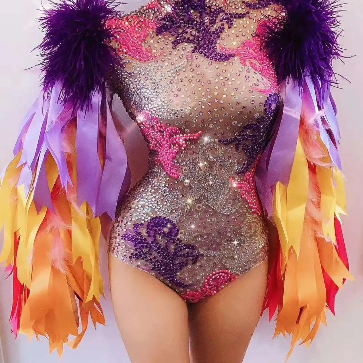 Fashion Stage Wear Ribbon Strip Feather Sleeve Rhinestone Bodysuit Women Nightclub Bar Party Outfit Performance Dance Costume