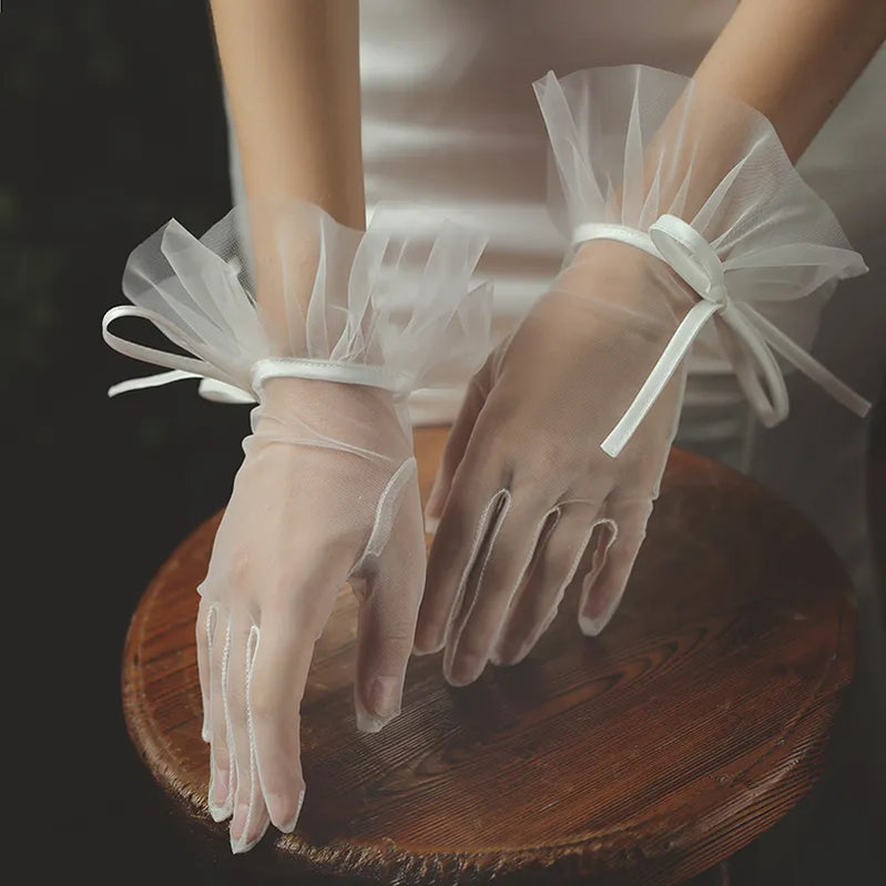 WG020 Elegant Women Wedding Bridal Short White Gloves Breathable Tulle Ribbon Bow Brides Bridesmaid Accessories White