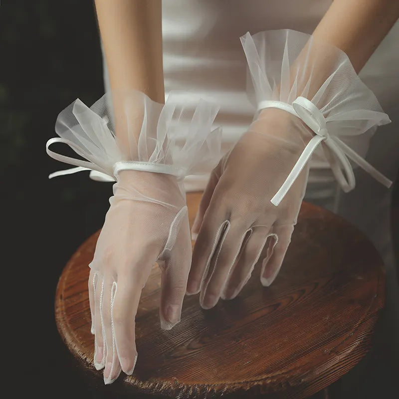 WG020 Elegant Women Wedding Bridal Short White Gloves Breathable Tulle Ribbon Bow Brides Bridesmaid Accessories White